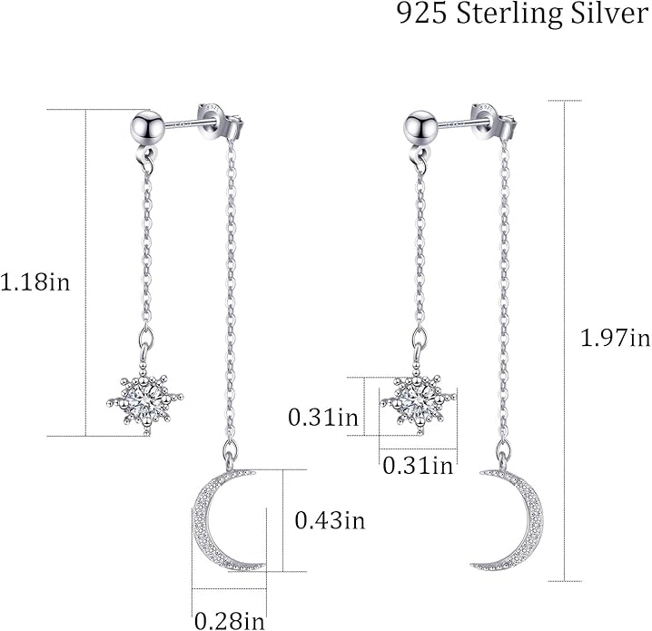 Moon and Star dangle Earrings for Women Chain Tassel with Cubic Zirconia Drop Celestial Jewelry for Wedding Gift