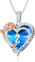 PELOVNY Rose Heart Initial Necklaces for Women S925 Sterling Silver Alphabet Letter Crystal Necklace Initial Pendant Jewelry Gifts for Mom Daughter Wife