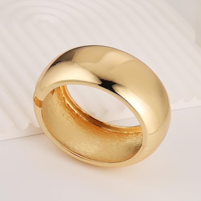 HZMAN 18K Gold Plated Wide Cuff Bracelet for Women - Premium Alloy Shiny Polished Double Layer Statement Bangle, Trendy Daily Wear Party Jewelry Accessory