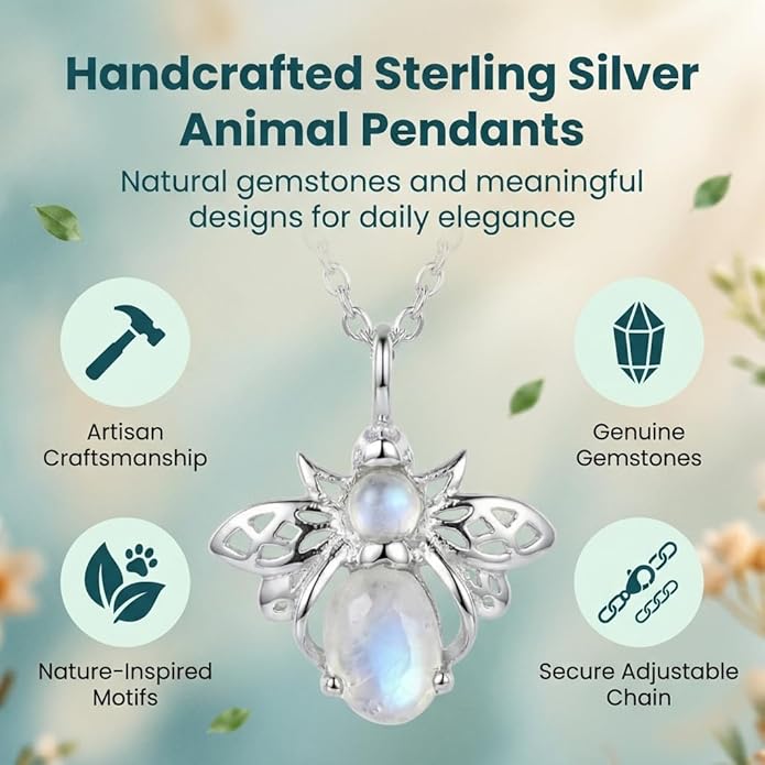 925 Sterling Silver Animal Pendant Necklace Collection for Women | Handmade Natural Gemstone Jewelry | Cat, Bee, Turtle & Bug Designs | Hypoallergenic Silver Necklace Gift for Her