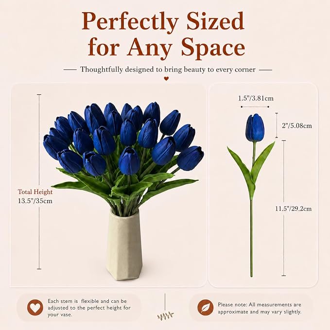 Mandy's 20pcs Artificial Royal Blue Tulips | 13.5 Inch Lifelike PU Tulips Faux - Image 3