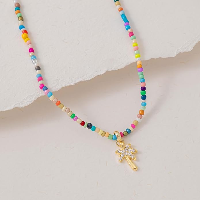 VRIUA Colorful Beaded Necklaces for Women – Summer Beach Boho Starfish, Conch, Shell, Pearl, Palm tree Pendant Necklace Jewelry