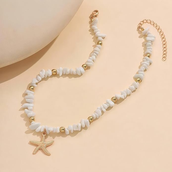 Shell Starfish Necklace for Women, 14k Gold Plated Boho Layered Beaded Charm Pendant Necklace, Dainty Adjustable Pearl Conch Summer Beach Vacation Jewelry Gifts