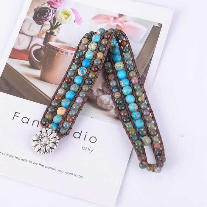 YGLINE Boho Handmade Natural Stone Bead 3 Row Wide Wrap Wrist Statment Bracelet Jewelry Collection