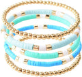GOOJIDS Surfer Heishi Clay Bead Bracelets for Women Bohemian Stackable Gold Plated Beaded Stretch Bracelets Elastic Layering Friendship Bracelets Set Boho Jewelry