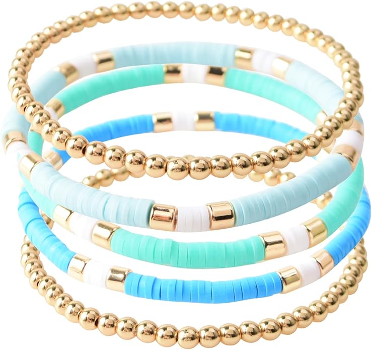 GOOJIDS Surfer Heishi Clay Bead Bracelets for Women Bohemian Stackable Gold Plated Beaded Stretch Bracelets Elastic Layering Friendship Bracelets Set Boho Jewelry