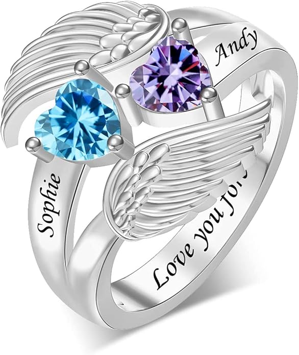 Personalized Heart Birthstone Rings for Women with 2 Birthstones Custom Name Rings for Couple Mother Daughter Jewelry Gift for Mother Her Christmas