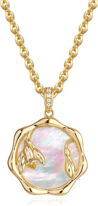 MTMY Birth Flower Necklace 14K Gold Plated Mother of Pearl Disc Birth Month Flower Pendant Necklaces for Women Personalized Custom Floral Jewelry Birthday Gift