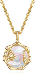 MTMY Birth Flower Necklace 14K Gold Plated Mother of Pearl Disc Birth Month Flower Pendant Necklaces for Women Personalized Custom Floral Jewelry Birthday Gift