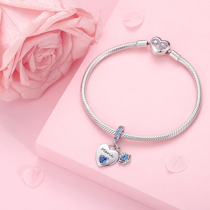 Birthstone Charms for Charms Bracelet: 925 Sterling Silver Heart Dangle Charms for Bracelets and Necklaces, Birthday Mother's Day Christmas Gifts For Women.