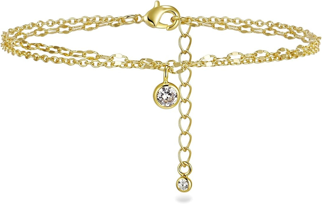 JINEAR Gold Ankle Bracelets for Women，14K Gold Plated Waterproof Chain Herringbone Layered Beaded Anklets Adjustable Summer Beach Jewelry Gift for Women