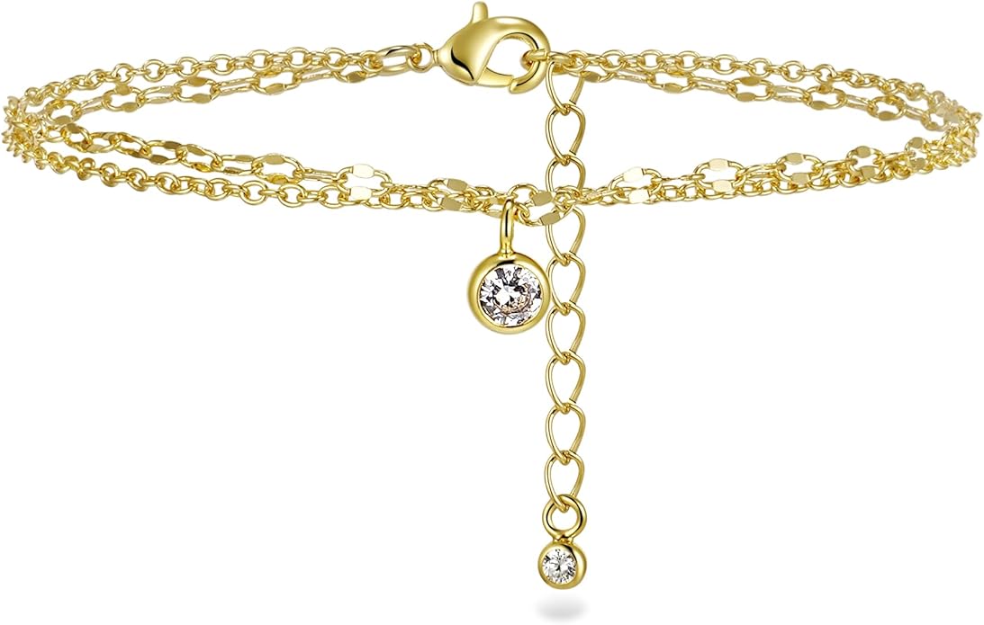 JINEAR Gold Ankle Bracelets for Women，14K Gold Plated Waterproof Chain Herringbone Layered Beaded Anklets Adjustable Summer Beach Jewelry Gift for Women