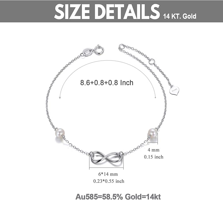SISGEM 14k Gold Infinity Anklets for Women, Real Pearl Love Knot Ankle Bracelet Jewelry Gifts for Her, 8.6-10.2 Inch
