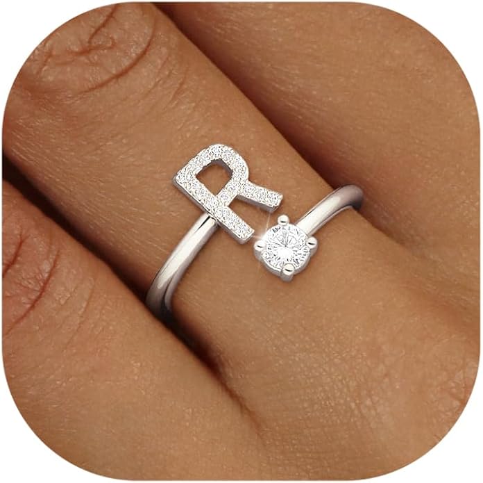 Valentines Day Gifts Gold Silver Initial Rings for Women Non Tarnish Dainty 14k Gold Plated Stackable Rings for Women Trendy Adjustable Letter Cubic Zirconia Pinky Ring Cute Open Birthday Gift Jewelry