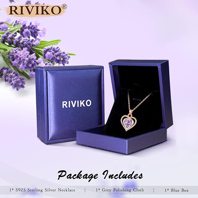 RIVIKO Heart Birthstone Pendant Necklace for Women 925 Sterling Silver Zirconia Necklaces Valentine's Day Anniversary Birthday Mothers Day Jewelry Gifts For Her Mother Wife