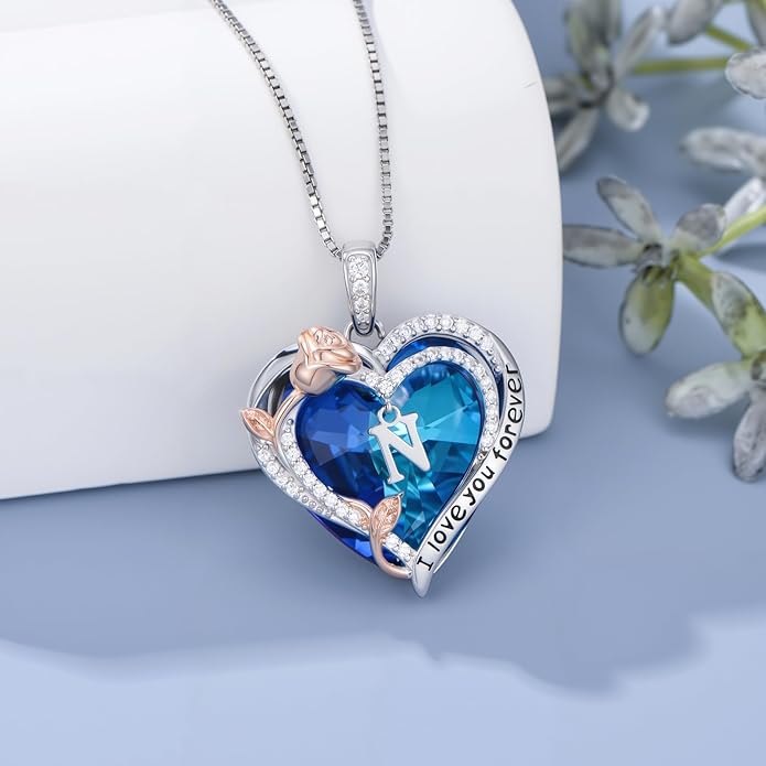 PELOVNY Rose Heart Initial Necklaces for Women S925 Sterling Silver Alphabet Letter Crystal Necklace Initial Pendant Jewelry Gifts for Mom Daughter Wife