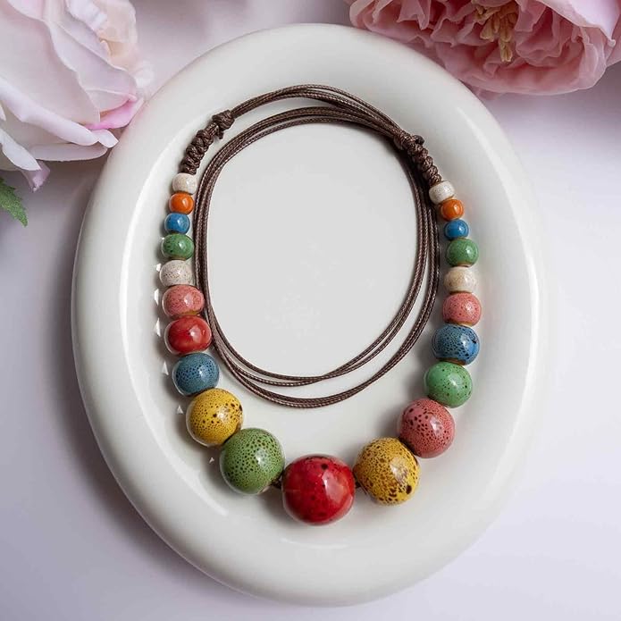 Boho Round Colorful Ceramic Beaded Necklace, Adjustable Hippie Statement Necklace, Handmade Ethnic Jewelry Gift for Women
