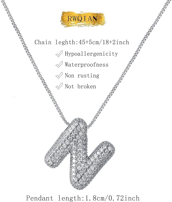 RWQIAN Letter Necklace for Women Bubble, Chunky Initial Alphabet A-Z Pendant Puffy Name Personalized Necklace Dainty Zircon CZ Fashion Jewelry Gifts for Girls Girlfriend