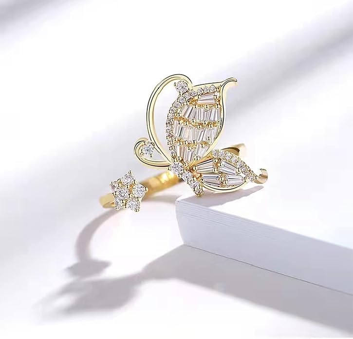 Gold-Plated Butterfly Rings - Vintage Snake Statement Rings with Cubic Zirconia for Women Adjustable Open Rings