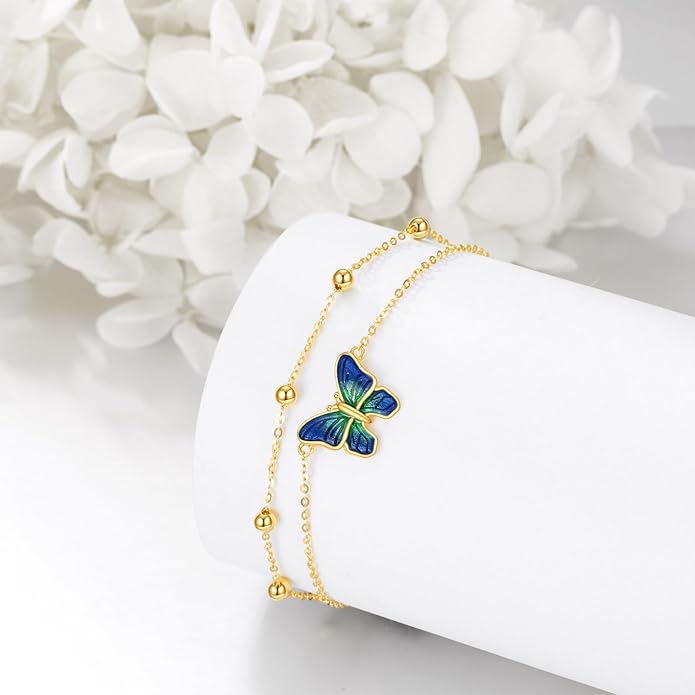 KECHO 14k Yellow Gold Butterfly/Dragonfly/Frog/Sunflower/Daisy/Tree of life/Moon/Clover Bracelet Anklet for Women