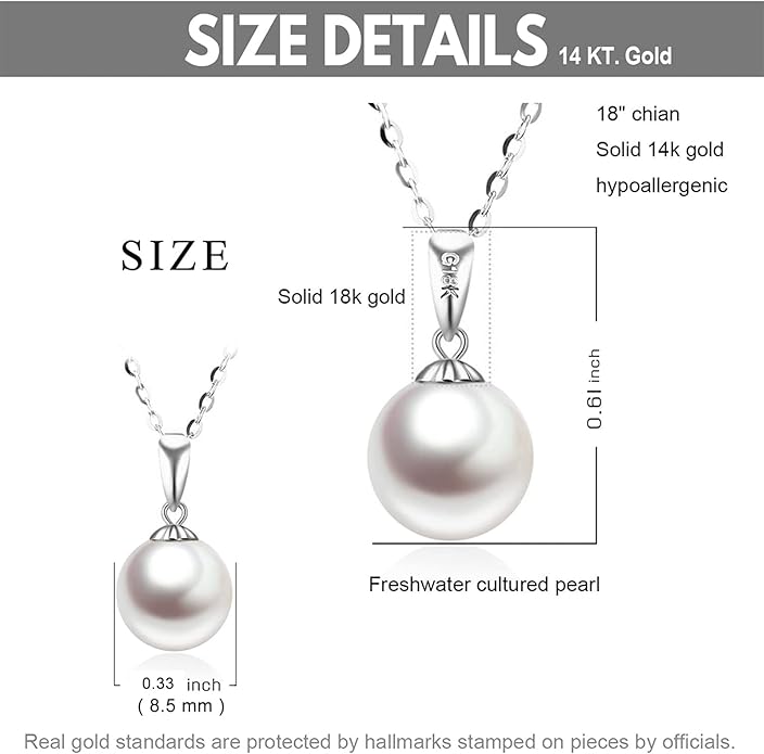 SISGEM 18k White Gold Pearl Pendant Necklaces with 14k Chain, 18k Gold Pearl Earrings Set for Women