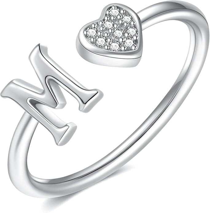 Valentines Day Gift Initial Rings for Teen Girls - S925 Heart Sterling Silver Rings for Teen Girls | 14K Gold/Rose Gold/Sterling Silver Plated Ring for Girls Kids Women Ring for Teenager Girls Gifts Adjustable, No Tarnish, Hypoallergenic