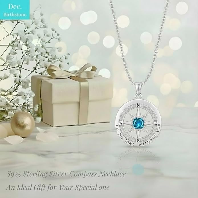 Compass Necklace for Women Wife Girlfriend Mom Daughter Gifts S925 Sterling Silver Jewelry For Anniversary Rose Gold Gifts For Birthday Christmas Mothers Valentines Day 12 Birthstones