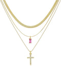 3Pcs Gold Layered Necklaces for Women, 14K Gold Plated Cross Necklace, Dainty Birthstone Necklace for Women, Herringbone Gold Necklaces Set, Stackable Women's Gold Pendant Necklaces Jewelry Set