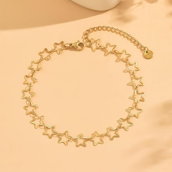 Anklets for Women Dainty CZ Ankle Bracelet 18K Gold Plated Waterproof Boho Dot Star Moon Daisy Ocean Beaded Anklet Trendy Foot Jewelry