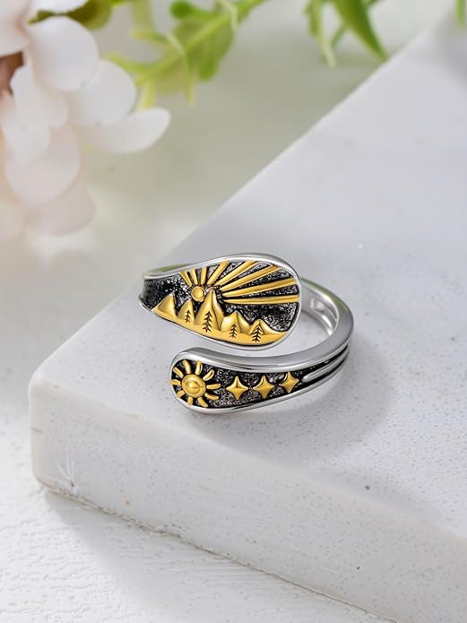 Midari Sun and Moon/Bee/Celtic/Life of Tree/Lotus Spoon Ring for Women 925 Sterling Silver Adjustable Ring Open Ring for Women Men Halloween Birthday Gift