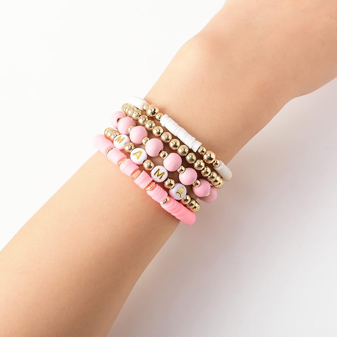 GOOJIDS Surfer Heishi Clay Bead Bracelets for Women Bohemian Stackable Gold Plated Beaded Stretch Bracelets Elastic Layering Friendship Bracelets Set Boho Jewelry