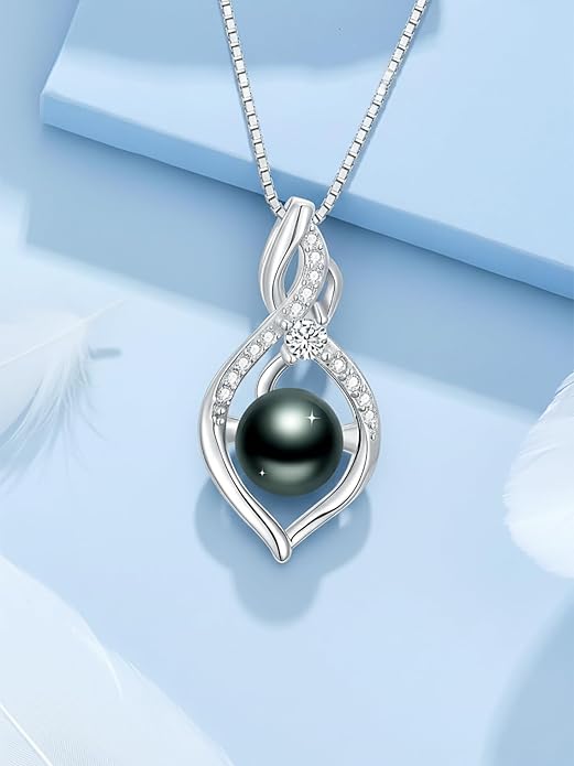 Tahitian Black Pearl 18K White Gold Plated Sterling Silver Heart/Infinity/Four Leaf Clover Pendant Necklace Jewelry Gifts for Women Wife Mom Girlfriend Wedding Birthday Anniversary Christmas