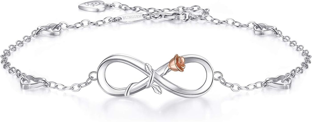 BlingGem Anklets for Women 925 Sterling Silver Infinity Hear Ankle Bracelet Cubic Zirconia Rose Gold Summer Beach Stylish Foot Chain Summer Vacation Jewelry Gift for Mom Women
