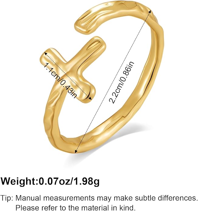 Cross Ring for Women 14 Gold Plated Hammered Texture Open Ring Size Adjustable Dainty Faith Christian Jewelry Gifts