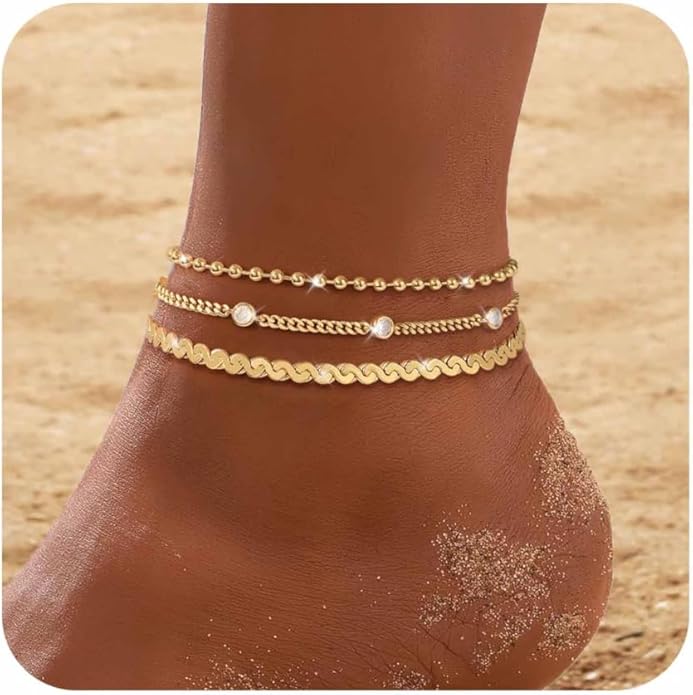 RLMOON Gold Anklets for Women CZ Ankle Bracelet 14K Gold/Silver Plated Waterproof Dainty Layered Tennis Heart Dot Chain Silver Anklets Trendy Foot Jewelry