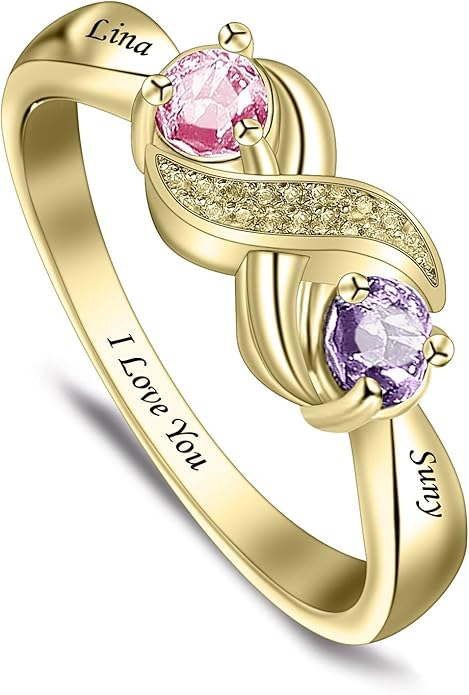 Personalized Heart Birthstone Rings for Women with 2 Birthstones Custom Name Rings for Couple Mother Daughter Jewelry Gift for Mother Her Christmas