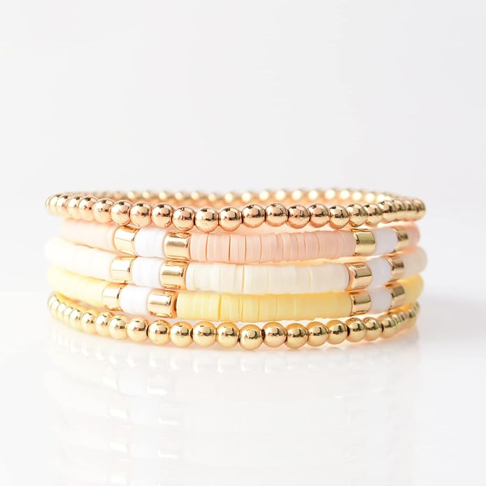 GOOJIDS Surfer Heishi Clay Bead Bracelets for Women Bohemian Stackable Gold Plated Beaded Stretch Bracelets Elastic Layering Friendship Bracelets Set Boho Jewelry