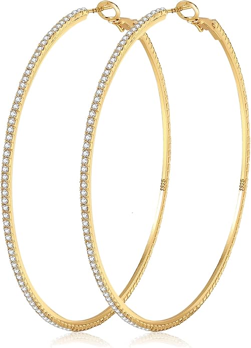 925 Sterling Silver Earrings Large Rhinestone Hoop Earrings Big Cubic Zirconia Hoop Earrings Thin Rhinestones Round Hoop Earrings for Women 20/30/40/50/60/70mm Sparkly Hoops With Crystals for Womens