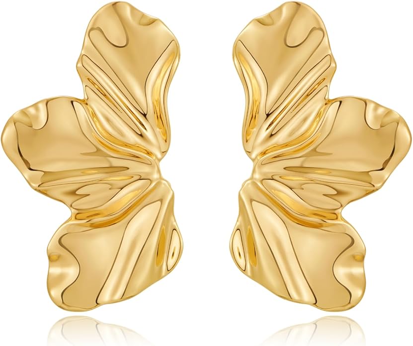 Chunky Gold Statement Earrings For Women Gold Plated Sectored Flower Leaf Shell Angel Wing Earrings Trendy Boho Jewelry For Women Large Stud Earrings Hypoallergenic Earrings