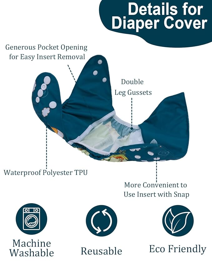 babygoal Cloth Diaper Covers 6 Pack with Wet Bag for Fitted Diapers and Prefolds with Double Gussets, Adjustable and Reusable for Baby Boys 6DCF13-B