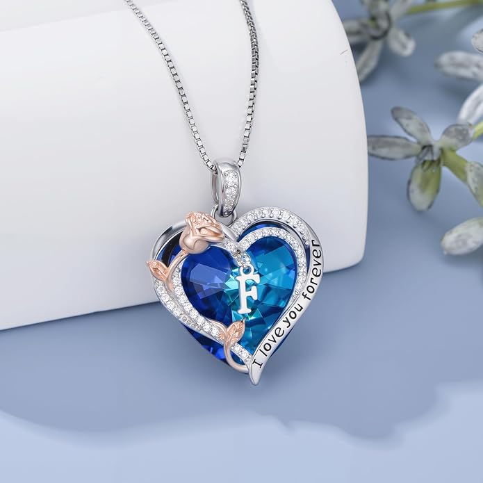PELOVNY Rose Heart Initial Necklaces for Women S925 Sterling Silver Alphabet Letter Crystal Necklace Initial Pendant Jewelry Gifts for Mom Daughter Wife