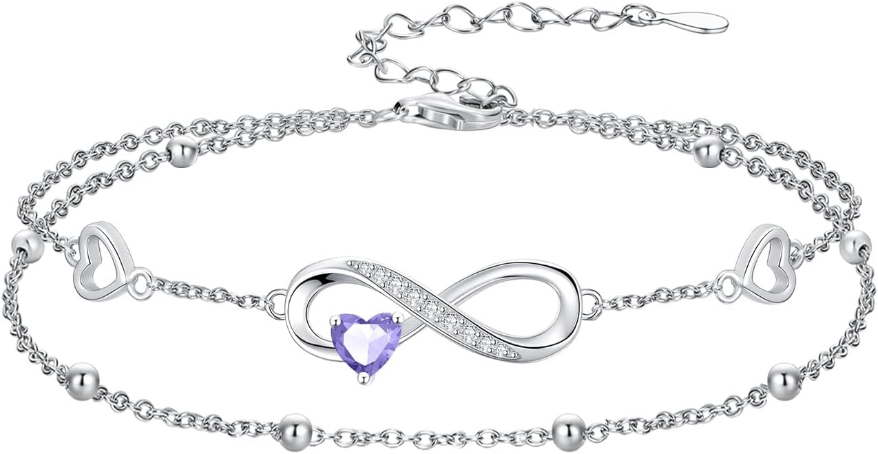 Dorunmo Infinity Heart Anklet Bracelet for Women 925 Sterling Silver Adjustable Infinity Birthstone Bracelet Friendship Jewelry Gifts for Women Birthday Christmas