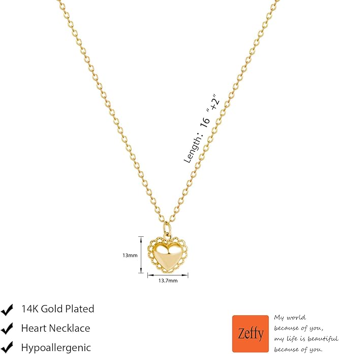 Zeffy Cute Heart Necklace 18k Gold/Silver Plated Tiny Heart Pendant Choker Necklaces Gold Love Heart Chain Necklace for Women Dainty Gold Jewelry Valentines Day Gifts for Women Girls Teen Girls
