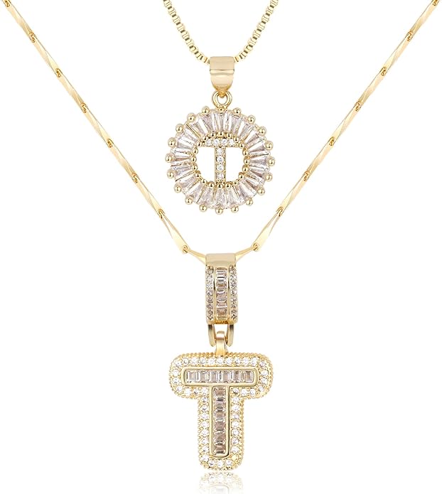 Letter Necklace 14k Gold Plated Bling Dainty Necklaces Trendy Chunky Custom Name Necklace Personalized Round Circle Pendant Zirconia Letters Name Crystal Jewelry Gifts for Women