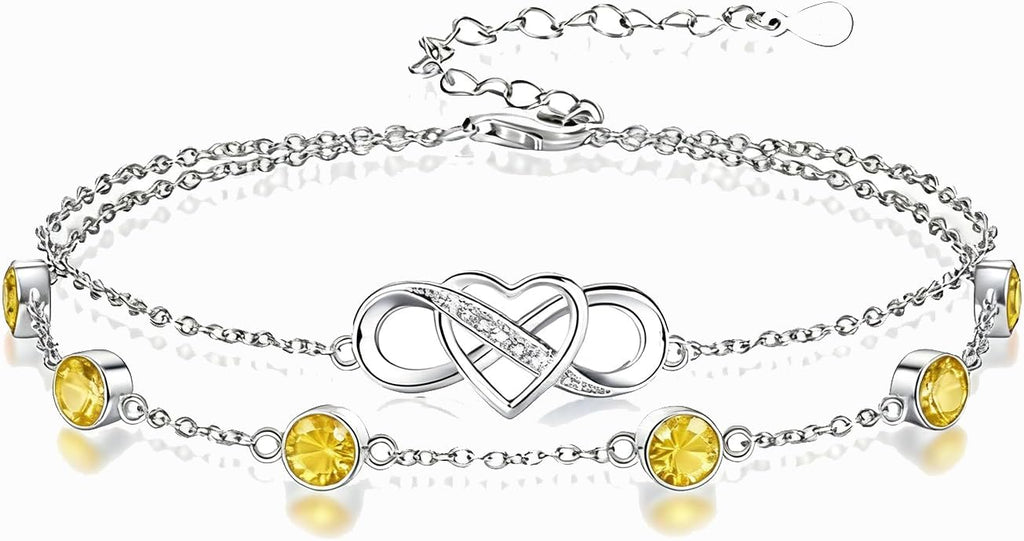 Prismata Infinity Birthstone Charm Link Bracelet 925 Sterling Silver Adjustable 12 Months Birthstone Infinity Bracelet Birthday Jewelry Gifts for Women Mom Her,with 7"+2" chain