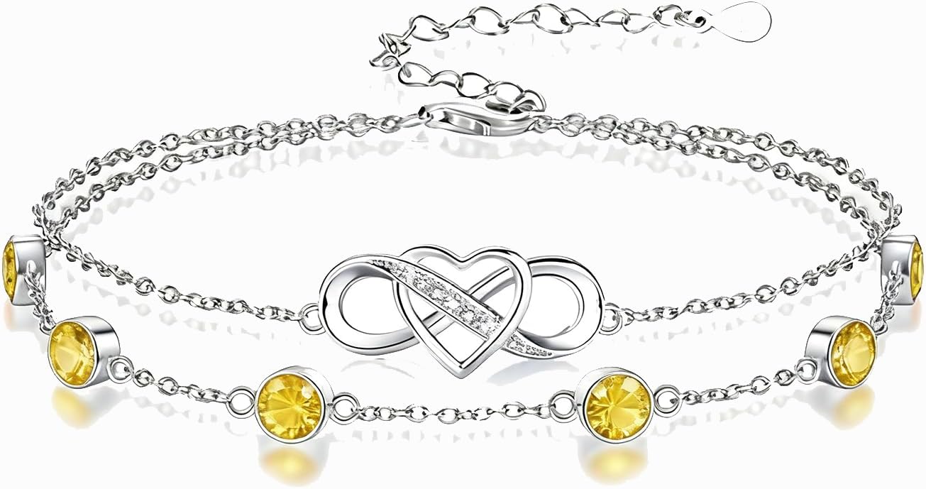 Prismata Infinity Birthstone Charm Link Bracelet 925 Sterling Silver Adjustable 12 Months Birthstone Infinity Bracelet Birthday Jewelry Gifts for Women Mom Her,with 7"+2" chain
