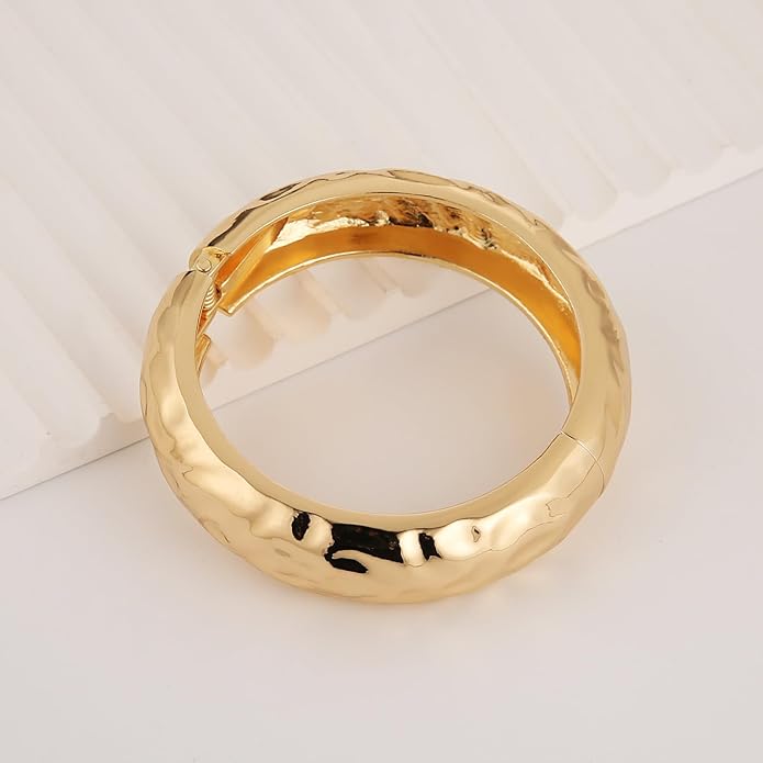 HZMAN 18K Gold Plated Wide Cuff Bracelet for Women - Premium Alloy Shiny Polished Double Layer Statement Bangle, Trendy Daily Wear Party Jewelry Accessory