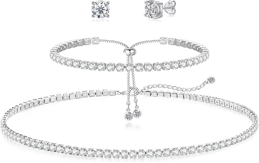 Tennis Necklace Bracelet for Women, Sterling Sliver, Dainty Chocker Necklace, Crystal Bracelet for Women, Wedding Jewelry for Bride, Sparkly Party Prom Hypoallergenic