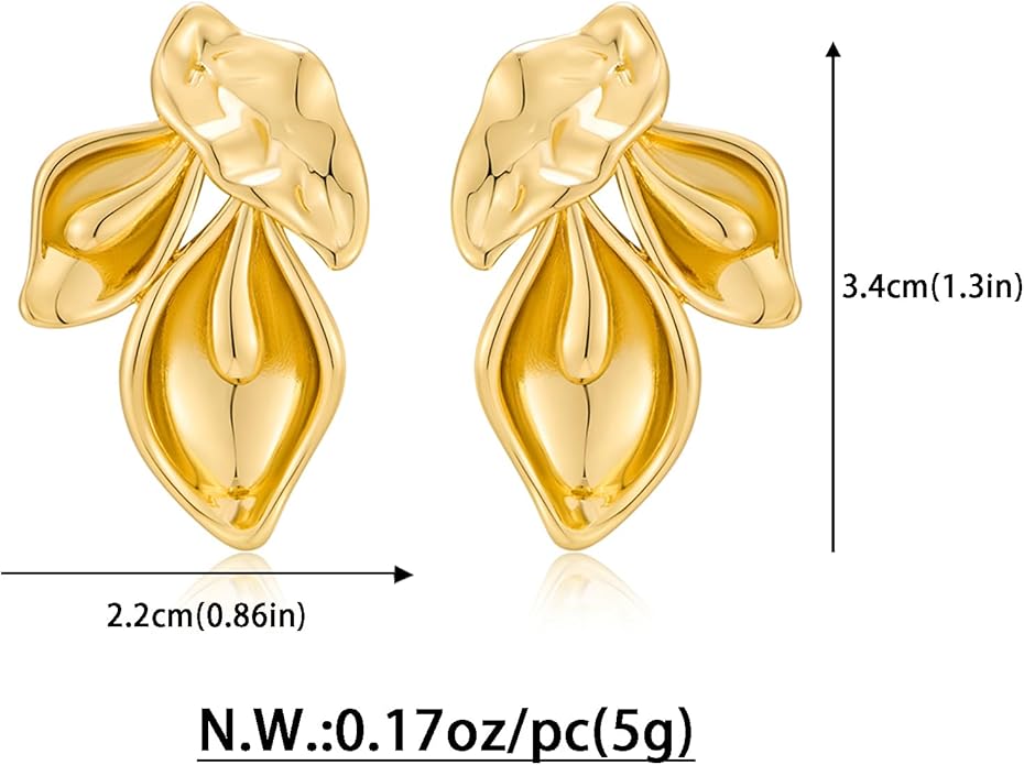 Chunky Gold Statement Earrings For Women Gold Plated Sectored Flower Leaf Shell Angel Wing Earrings Trendy Boho Jewelry For Women Large Stud Earrings Hypoallergenic Earrings