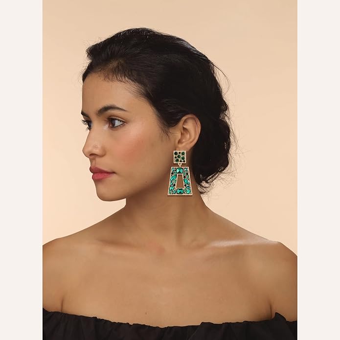 Rhinestone Rectangle Statement Earrings Colorful Crystal Geometric Drop Dangle Earrings for Women Prom Party